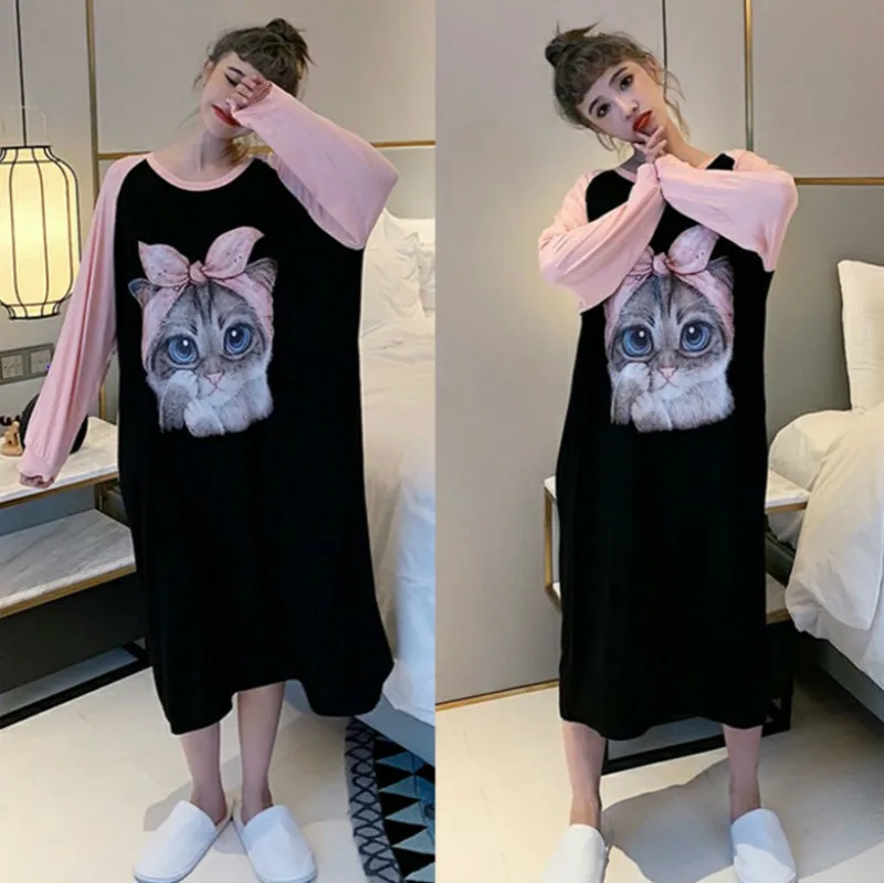 Осенне-зимняя женская ночная рубашка с длинным рукавом из хлопка в стиле пэчворк