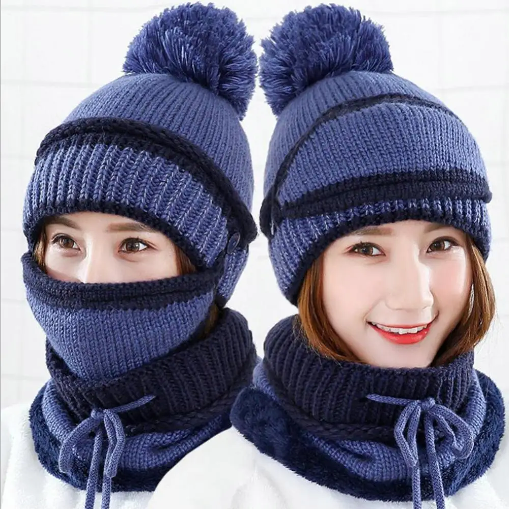 

3Pcs Winter Men's Fleece Balaclava Face Mask Women Thicken Warm Knitted Pompom Beanie Hat Cap Scarf Face Mask Set Sport Cycling