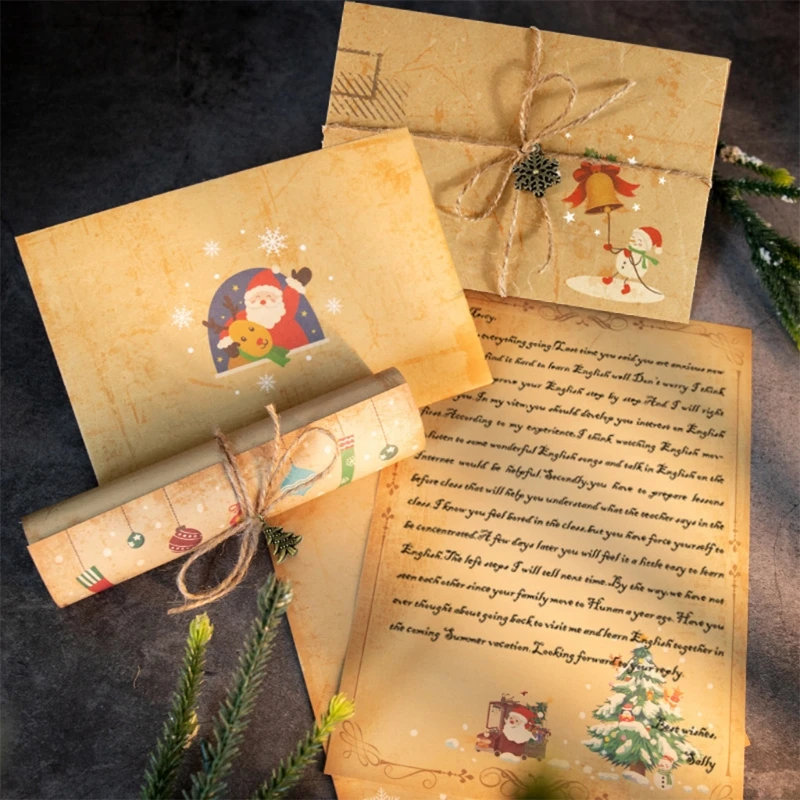

1 Pack Vintage Kraft Letter Paper Set Classic Christmas Letter Envelope Set with Hemp Rope Retro Pendant Perfect for Gift Box