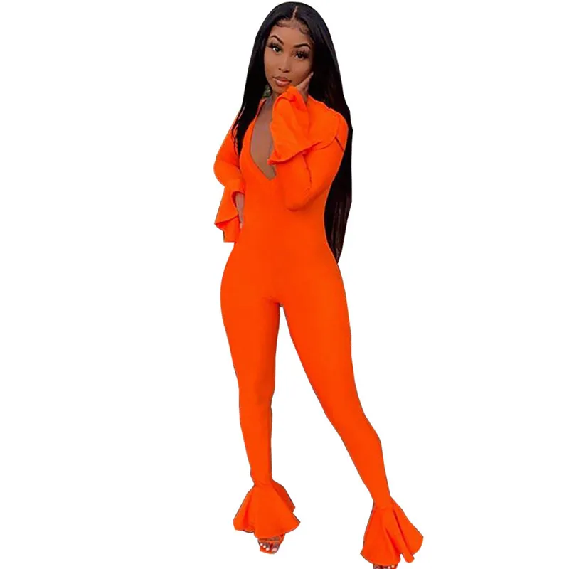 Осенний комбинезон Женский бандажный с v образным вырезом длинным рукавом