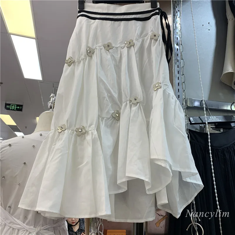 

Summer Skirt Women New Waist Belt Stitching Three-Dimensional Flower Irregular Sweet Pleated Fashion Temperament Lady Skirts