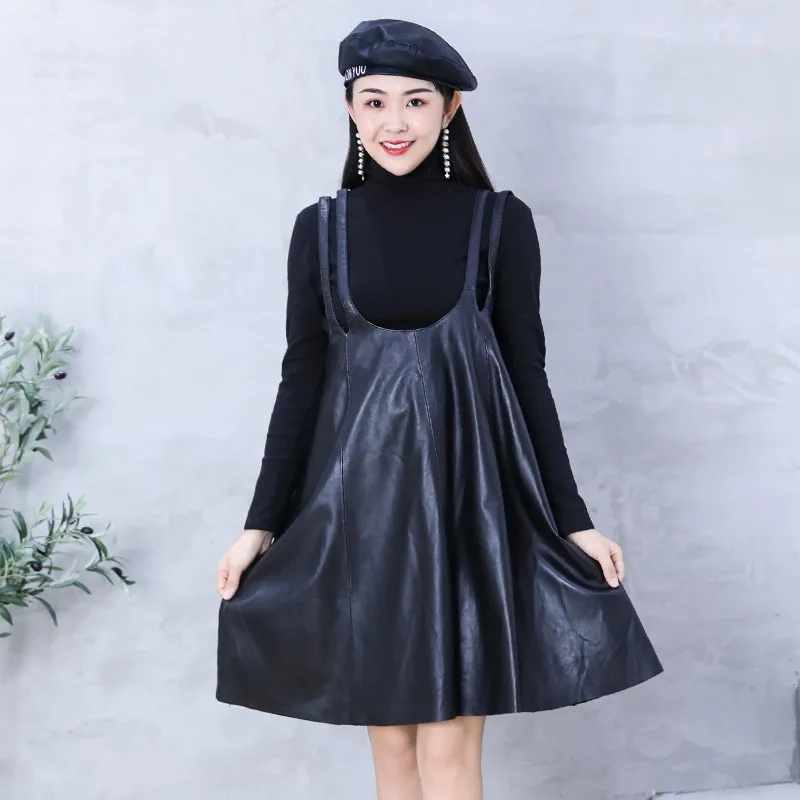 

Ladies Genuine Leather Dress Sweet Knee Length Straps Dress Solid Color Loose Women Sheepskin High Waist Sleeveless A Line Dress