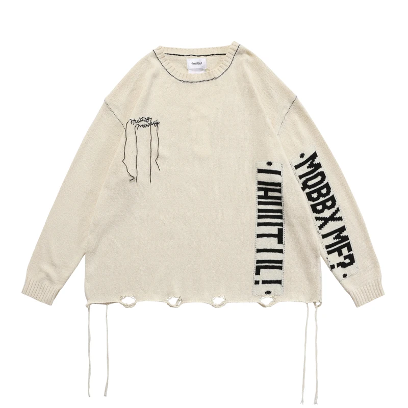 

Japanese 2020 winter New DOUBLET retro letter tassel destruction knitwear High Street Men's and women's o-neck sweater couples