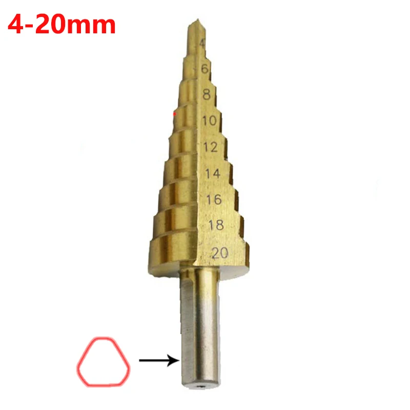 4-20 Triangle handle Hss титановые спиральные рифленые ступенчатые сверла 4-12/4-20/4-32 мм ступенчатые конусные режущие инструменты стальные деревообрабатывающие металлические сверла - Цвет: 4-20 Triangle handle