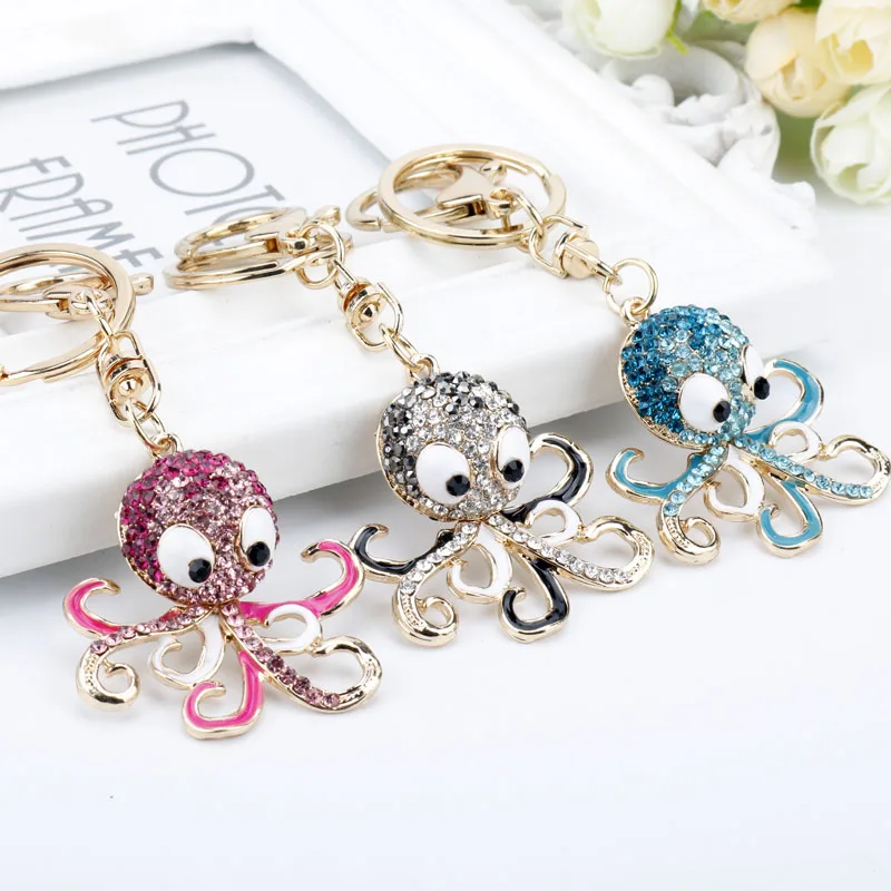 

Rhinestone Octopus Pendant Keychain Jewelry Cute Cartoon Crystal Keyring Ocean Animal Key Chain Girl Handbag Purse Accessories