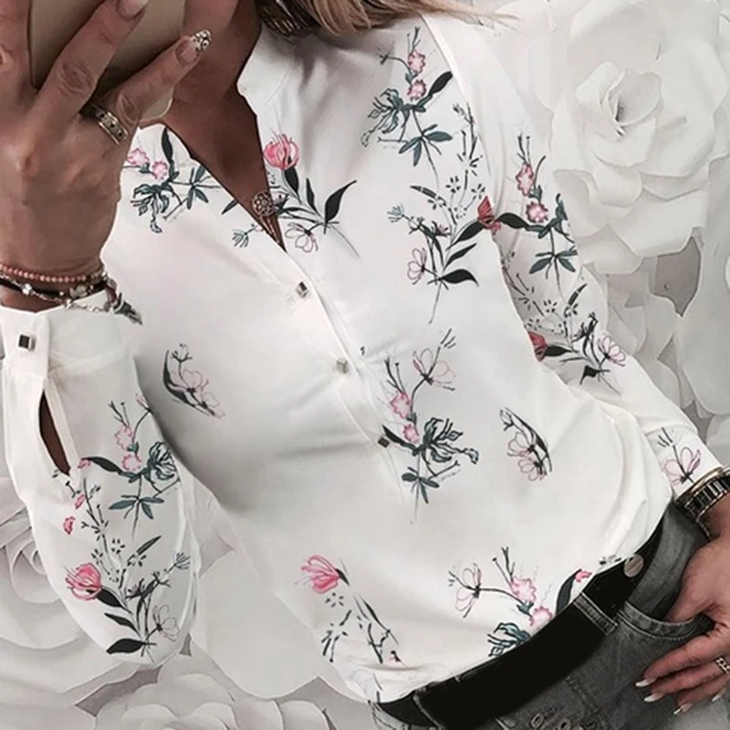 

2021 New Women Shirt Floral V-Neck Long-Sleeved Printed Shirt Hot Autumn Spring Female Casual Blouse