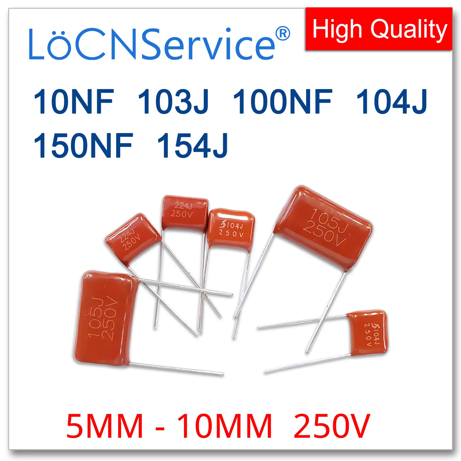 LoCNService-Condensador de película de polipropileno, 1000 piezas, 5MM, 7,5 MM, 10MM, 250V, 10NF, 100NF, 150NF, 103J, 104J, 154J, CBB, 103K, 104K