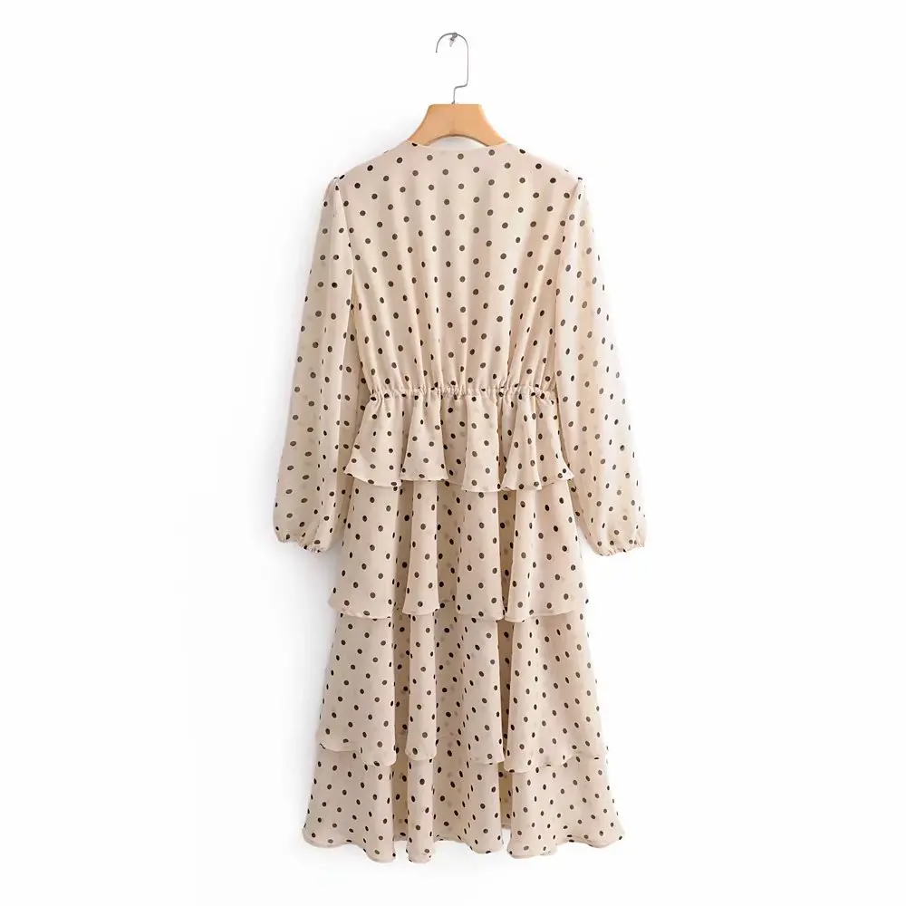 Женское длинное платье в горошек с V-образным вырезом и оборками | Женская одежда