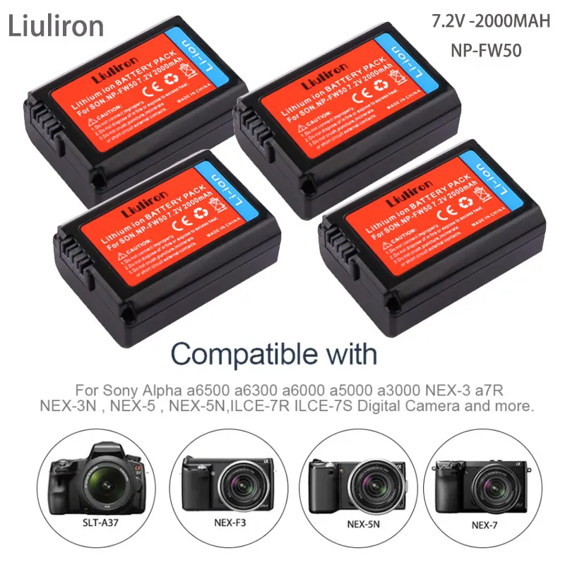 4battery 2000 мА/ч, NP-FW50 NP FW50 NPFW50 Батарея Akku емкостью+ ЖК-дисплей двойной Зарядное устройство для sony Alpha a6500 a6300 a7 7R a7R a7R II a7II NEX-3 NEX-5 - Цвет: 4battery