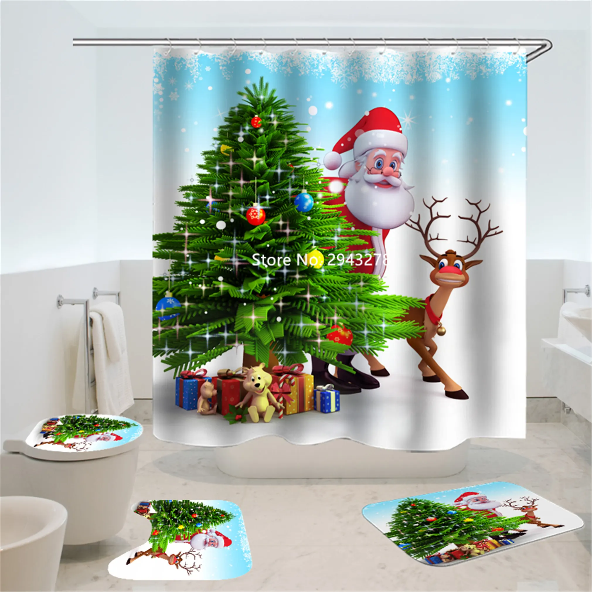 

Christmas Series Waterproof and Mildewproof Washable with Hook Shower Curtain Floor Mat Toilet Mat Bathroom Holiday Decoration