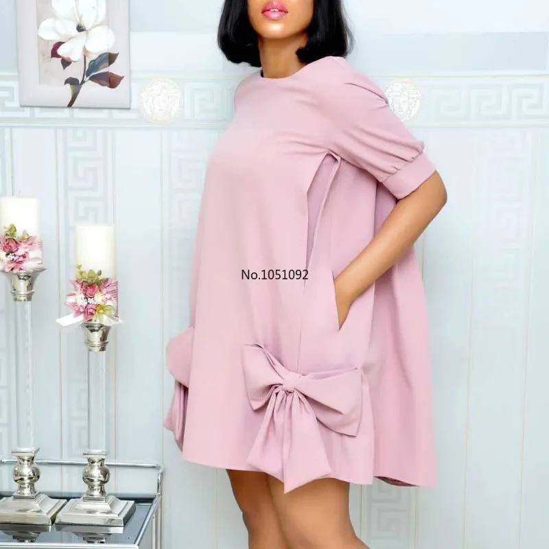 Женское мини Свободное платье с короткими рукавами и круглым вырезом бантиком