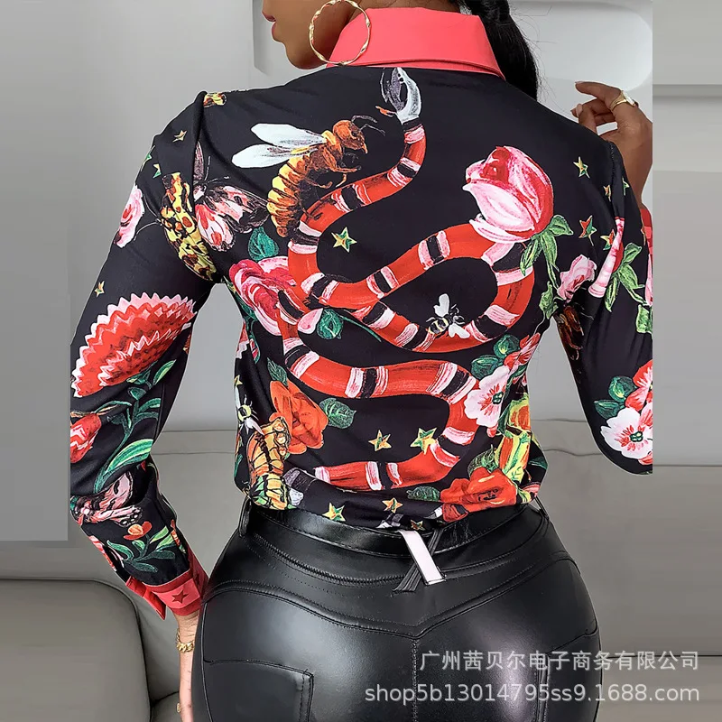 

WEPBEL Women Long Sleeve Shirt Turn Down Neck Blouse Shirt New Butterfly Print Star Red Fashion Top