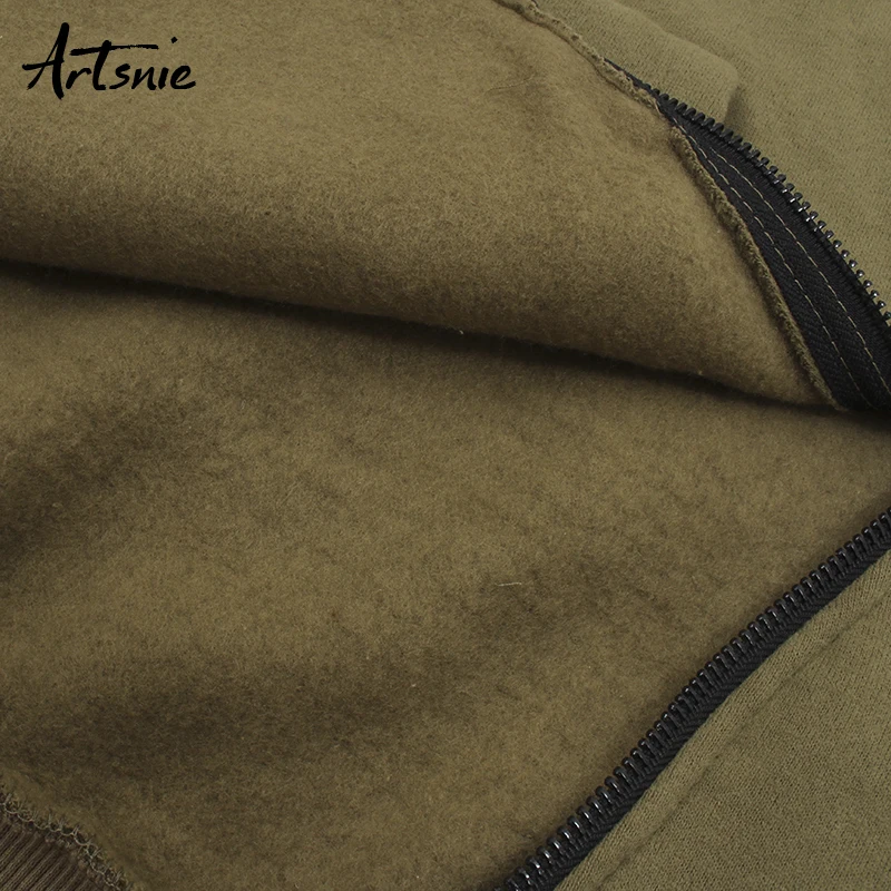 

Artsnie autumn 2019 army green cotton sweatshirt women drop shoulder knitted streetwear casual zipper winter sweatshirts mujer