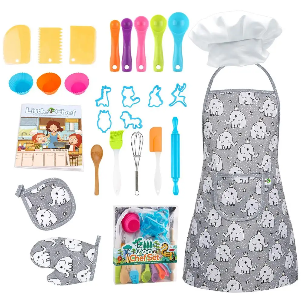 

27 Pcs Kids Cooking And Baking Set Chef Role Play Costume Kit With Apron Oven Mitt Cake Cutter Utensils Chef Dress Up Kitchen