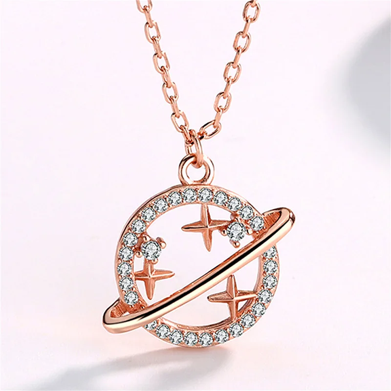 

Cute Female Crystal Star Pendant Necklace Rose Gold Silver Color Chain Necklace Vintage White Zircon Wedding Necklace For Women