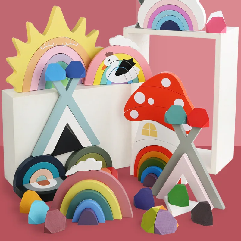 

Wooden Rainbow Toys 3D DIY Assembled House Cloud Building Blocks Set Children Montessori Educational Stacked Balance Toy