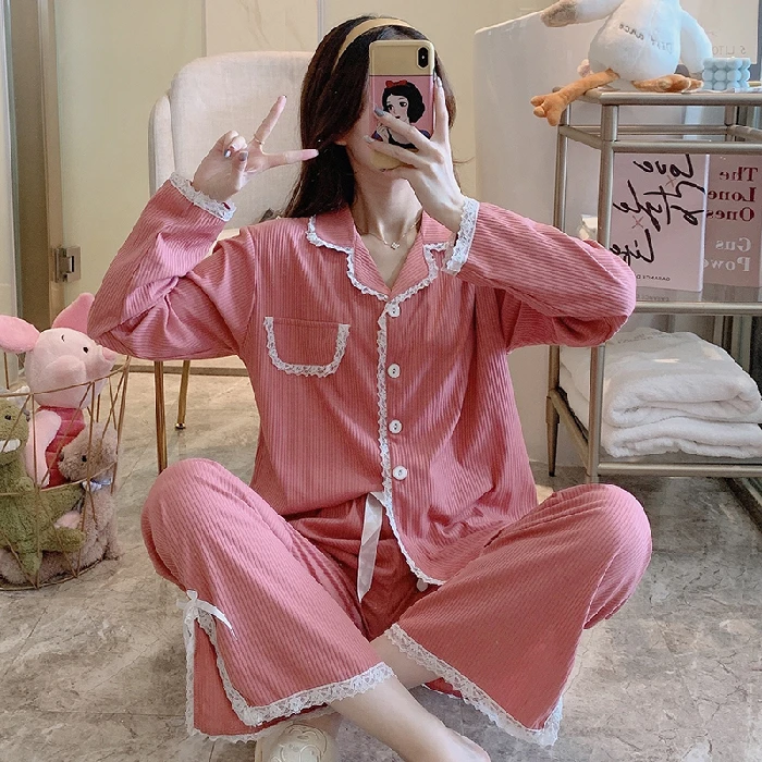 

Women's Pajamas Autumn Long-sleeved Thin Sleepwear Soft 100% Cotton Home Clothes Solid Female Mujer Pyjamas Lace Pijamas