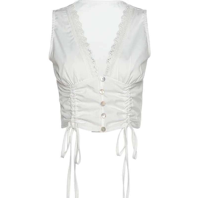 

XUXI French Sexy Deep V-neck Tank Top T-shirt Lace, Vest, Women, Drawstring, Folds, Waist, Look Thin, Summer 2021, E562