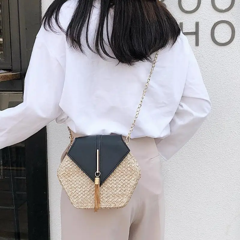 

Hexagon Mulit Style Straw+leather Handbag 2021 Women Summer Rattan Bag Handmade Woven Beach Circle Bohemia Shoulder Bag New