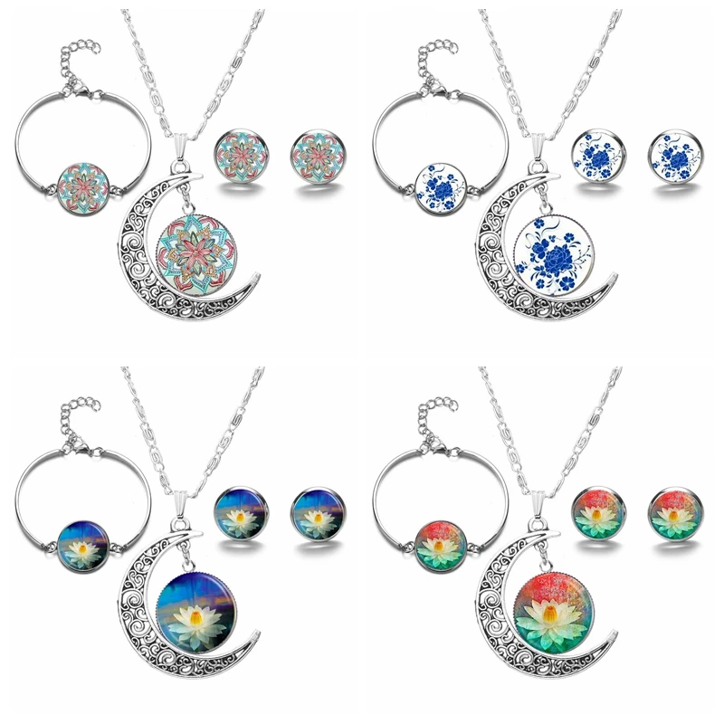 

Fashion Reiki Flower of Life Crescent Moon Necklace Mandala Handmade Henna Art Photo Glass Earring Bracelet Jewelry Sets