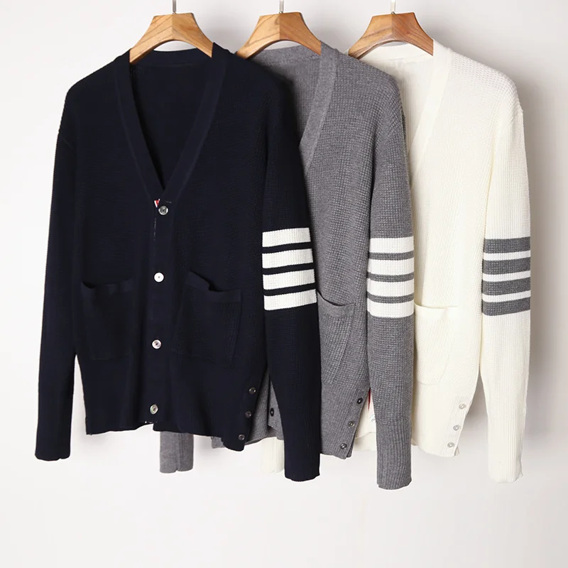 2021 Fashion Brand Sweaters Men Slim Fit V-Neck Cardigans Clothing Waffle Striped Wool Spring and Autumn Casual Coat