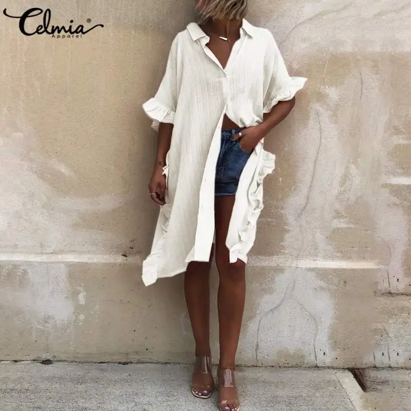 

Celmia 2021 летняя длинная рубашка, женская модная блузка с полурукавами, оборками и лацканами, повседневные свободные Однотонные блузки для раб...