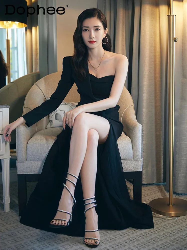 

Black Evening Dress for Women 2021 New One-Shoulder Slimming Side Zipper Elegant Split Dinner Annual Meeting Formal Dress