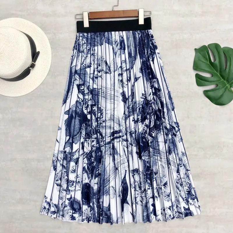 

Vintage Painting Long Skirts Blue Chinse Style Ink Paint Printed A-line Pleated Calf Long Skirts