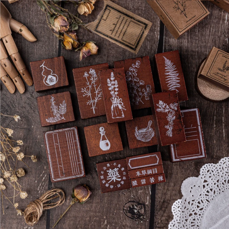 Винтажные травяные растения марки гинкго DIY Деревянные и резиновые штампы для