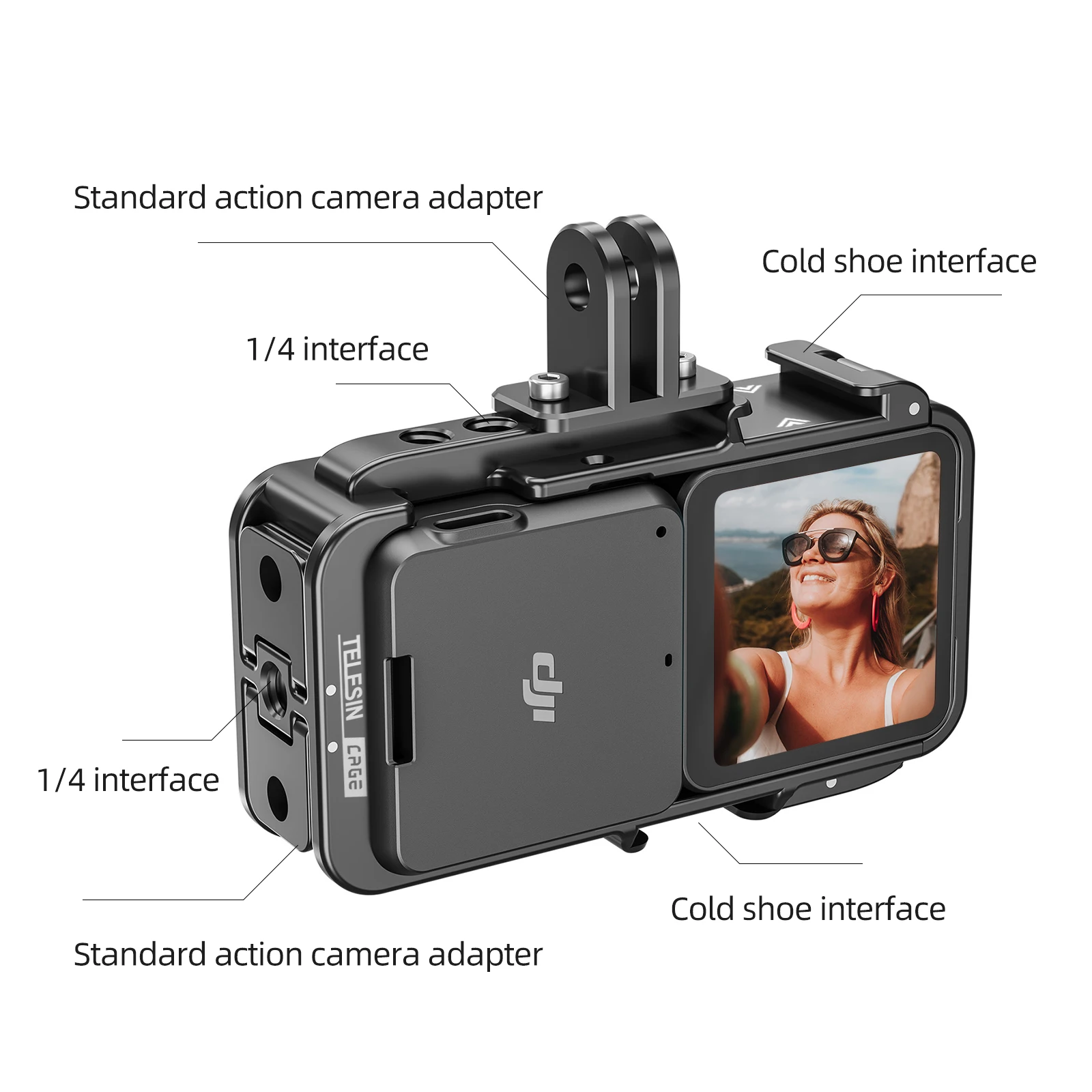 TELESIN Aluminium Alloy Frame Case With Multiple 1/4 '' Hole Cold Shoe Action Camera Adapter For DJI Action 2 Combo Accessories
