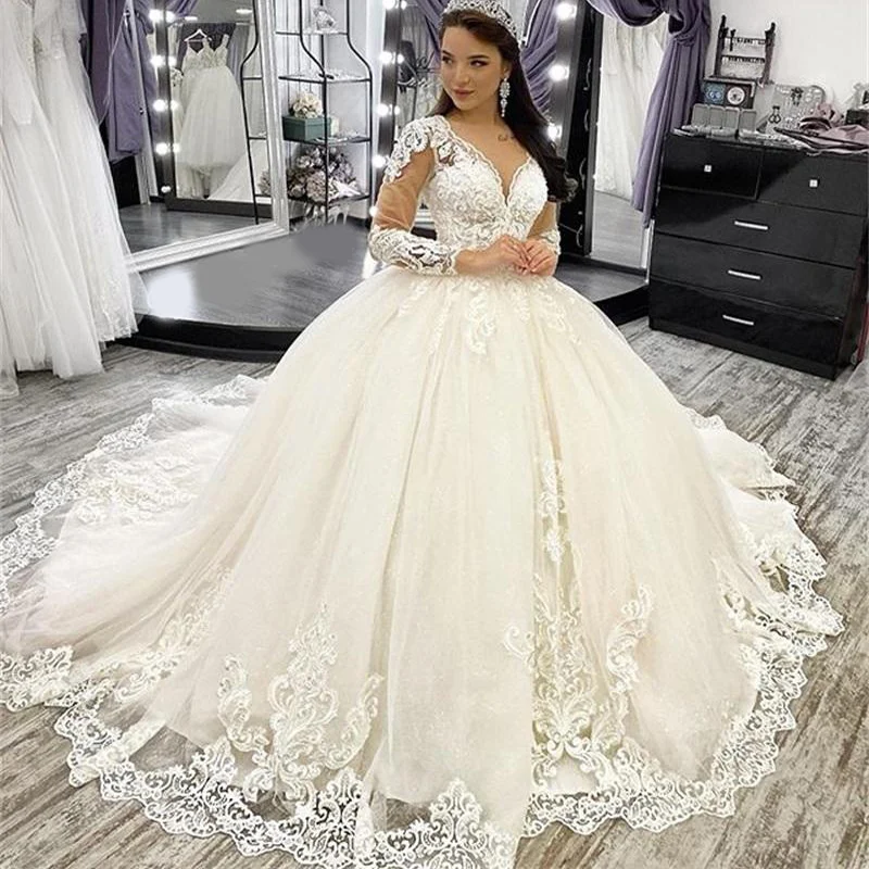 

2020 Newest Luxury Puffy Wedding Dresses Ball Gown Long Sleeves Appliqued Lace Ruched Tulle Chapel Bridal Gown Custom Made Robes