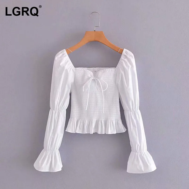 

[LGRQ] Women White Bandage Slim Blouse New Square Neck Long Puff Sleeve Fit Shirt Fashion Tide Spring Autumn 2021 19D2349