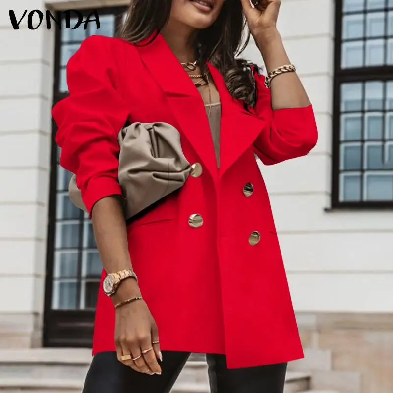 

Women Official Blazer 2021 VONDA Elegant Solid Color Button Up Suit Blazers Casual Long Sleeve Coats With Pockets Veste Femme