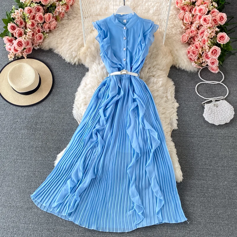 Mixi-vestido plisado Vintage liso para mujer, vestido elegante de gasa rosa con volantes sin mangas para vacaciones y Playa 2021