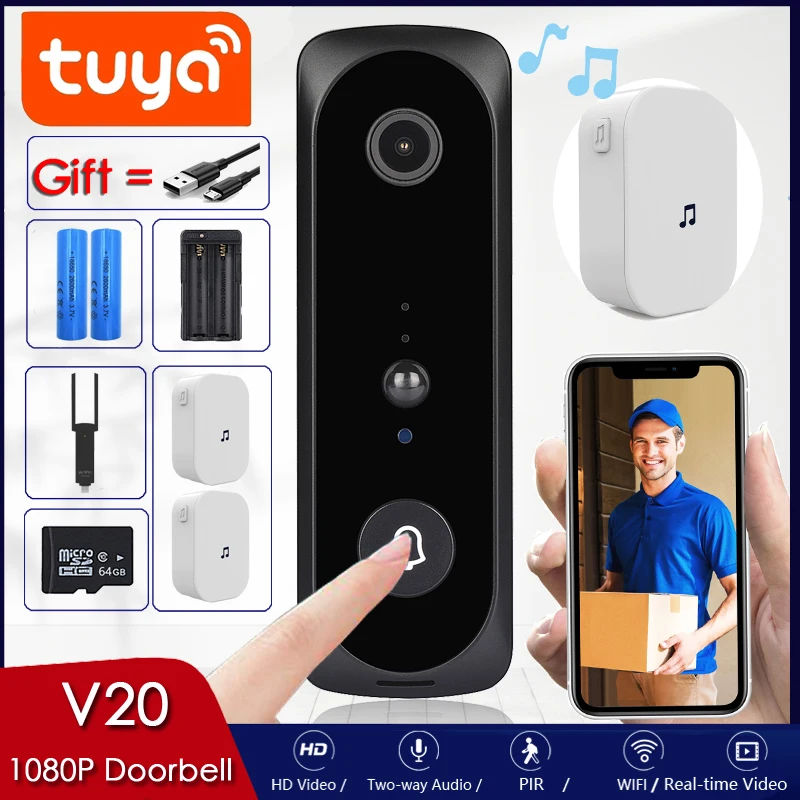 Умный Wi Fi Видеозвонок Tuya V20 визуальная камера с дверным звонком и ночным видением