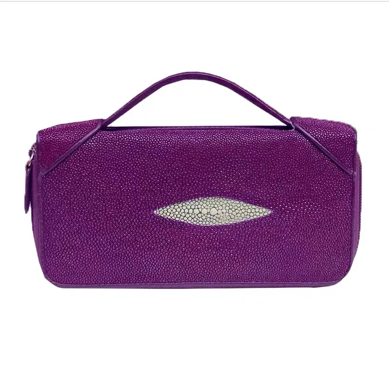 

Authentic Exotic Real Stingray Skin Women Purple Purse Genuine Leather Zipper Closure Lady Clutch Bag Female Large Card Holders