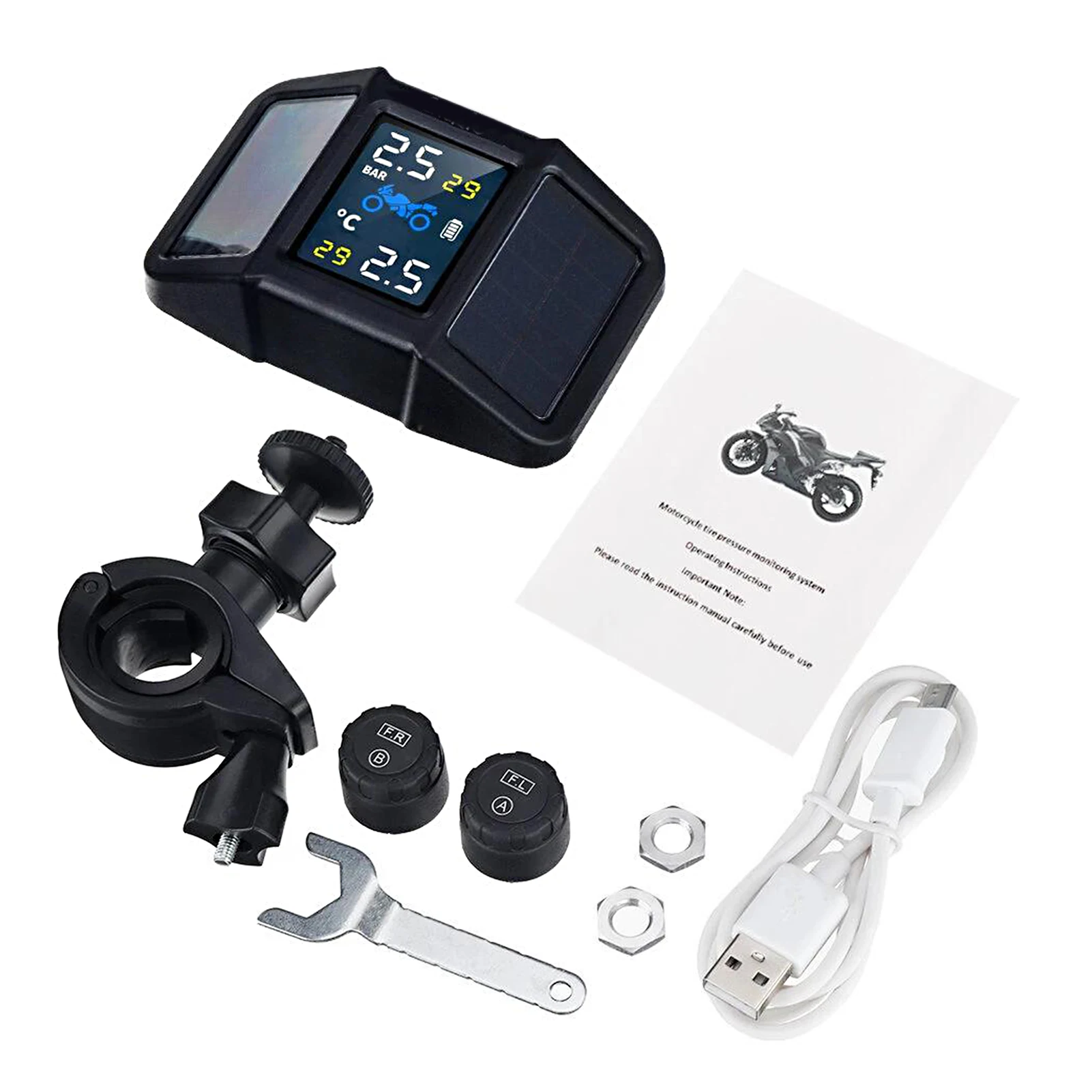 

Motorcycle TPMS Tire Pressure Monitor Solar USB Charge Tire Pressure Monitor Solid with Wireless External Sensors Solar TPMS
