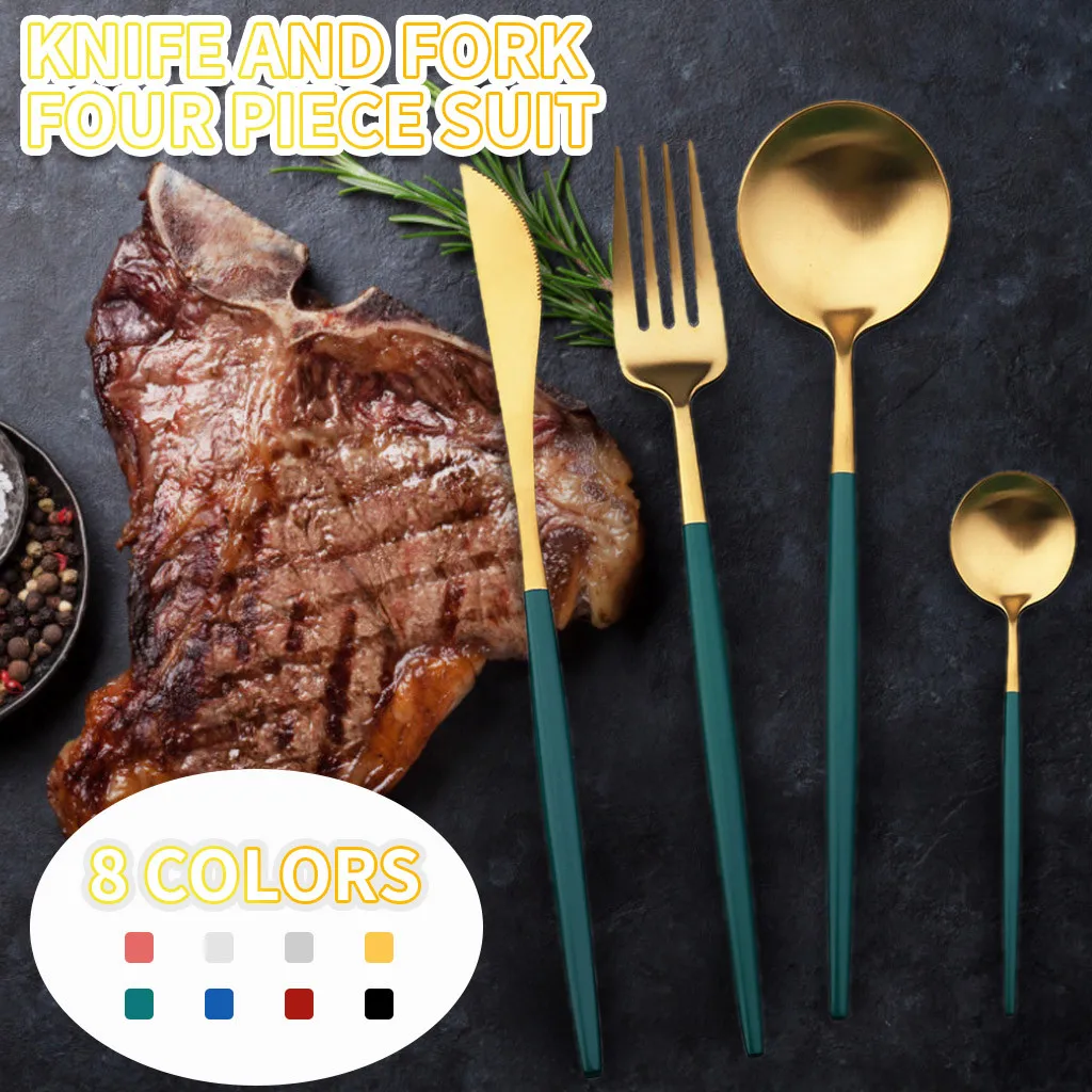 4PCS Stainless Steel Gold Dinnerware Set Kitchen Mirror Tableware Knife Fork Spoon Dinner | Дом и сад