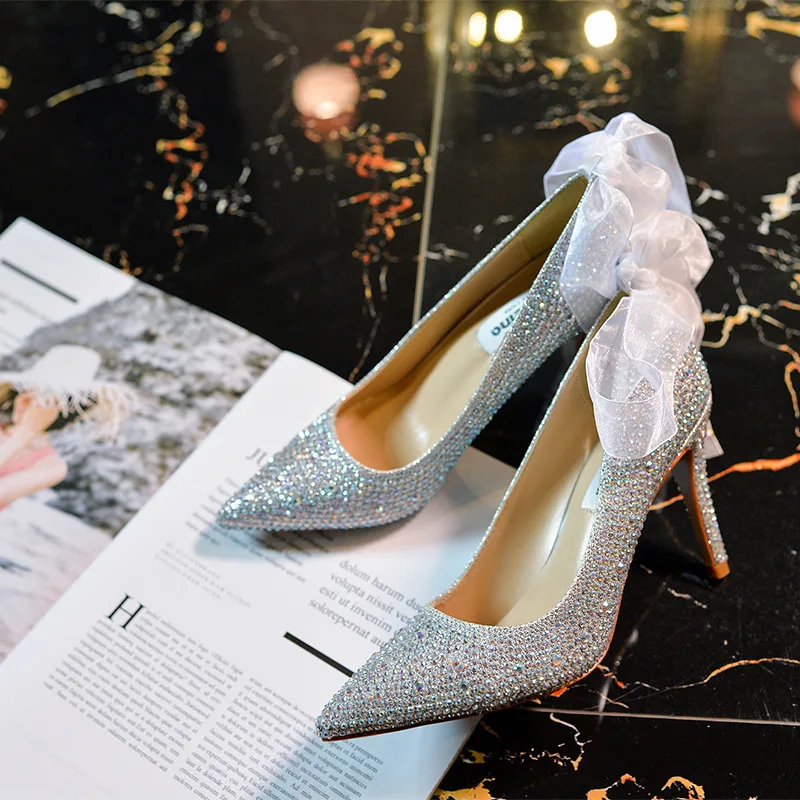 Thin High Heels Women Pumps Sequined Cloth Slip On 7CM 9CM Pointed Toe Shallow Rhinestones Bling Butterfly-knot Women Shoes