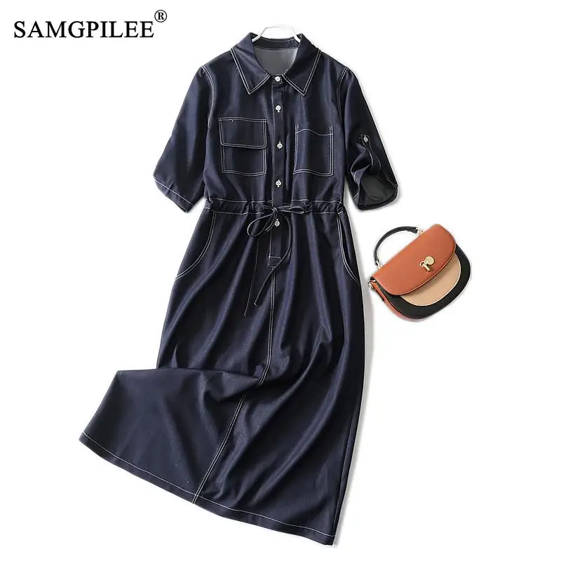 

Light Luxury Denim Retro Women Dress 2021 New Over-the-knee Single-breasted Turn Down Collar Short-sleeved Belted Dresses 4XL