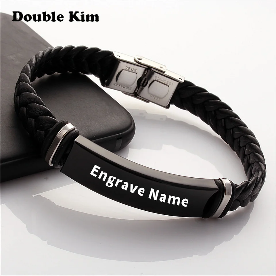 

Braided Leather Cord Bracelet for Men Customizable Engraving Name Stainless Steel Casual Black Color Bangle Fashion Jewelry Gift