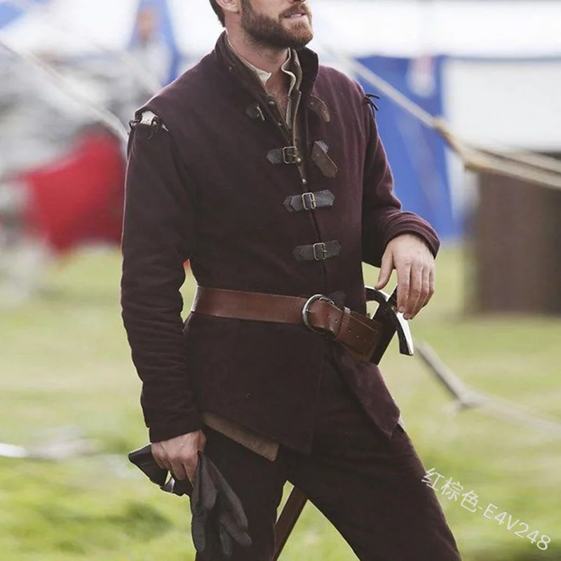 Средневековый рыцарь Косплей пальто мужской костюм сплошной цвет воротник кожа