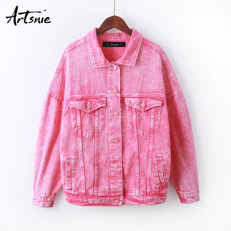 Pink Artsnie, уличная одежда, повседневная джинсовая куртка для женщин, весна, отложной воротник, двойные карманы, пальто, Джинсы бойфренда, куртки для женщин - Цвет: Pink