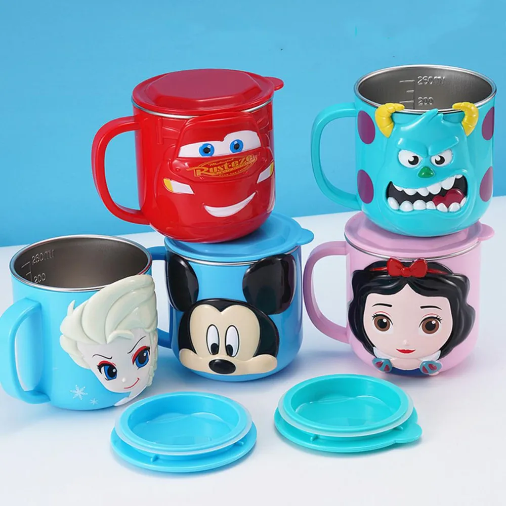 Disney Cartoon Anime pattern Stitch Mickey ElsaStainless Steel Mugs for Children Elsa Cars Snow White Princess Cups Gifts | Игрушки и