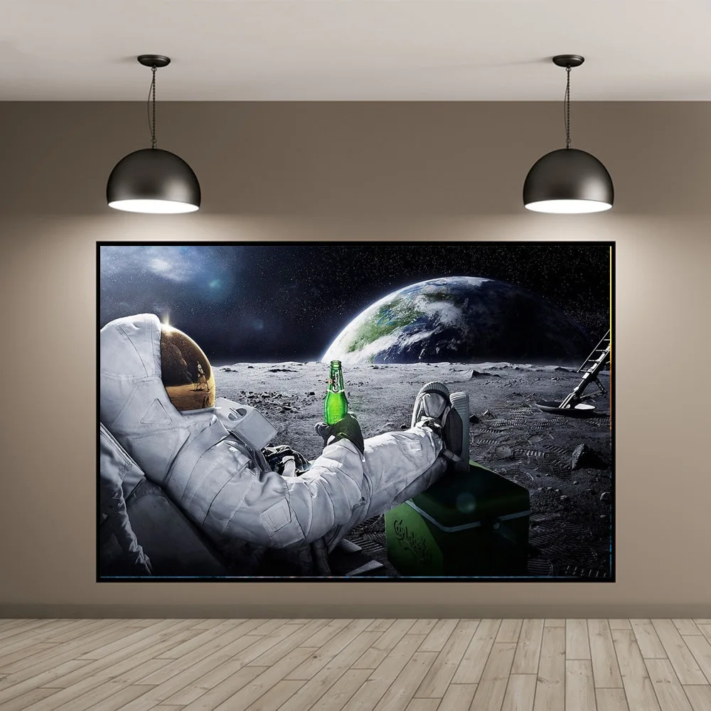 

Funny Canvas Paintings Astronaut Relaxing on Outer Space Moon Drinking Beer Wall Pictures HD Printed Posters for Living Room