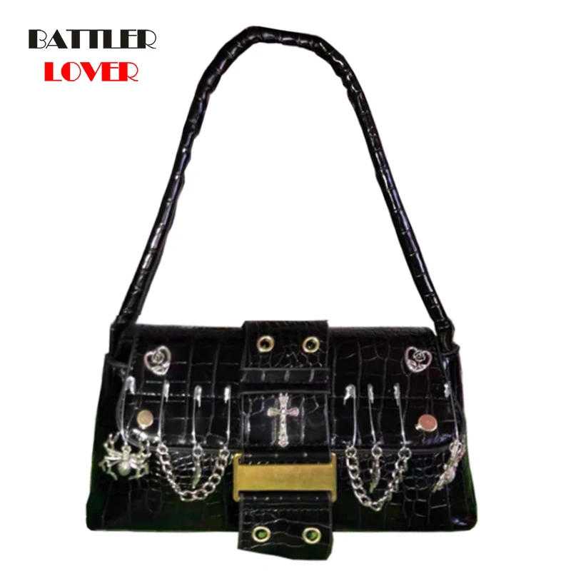 

Women Shoulder Bag Punk Metal Pendant Messenger Bag Hot Girl Fashion Retro Armpit Handbag Female PU Steampunk Totes Underarm Bag