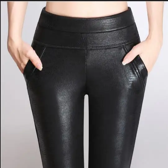 2020 зимние теплые женские брюки и капри из искусственной кожи с высокой талией