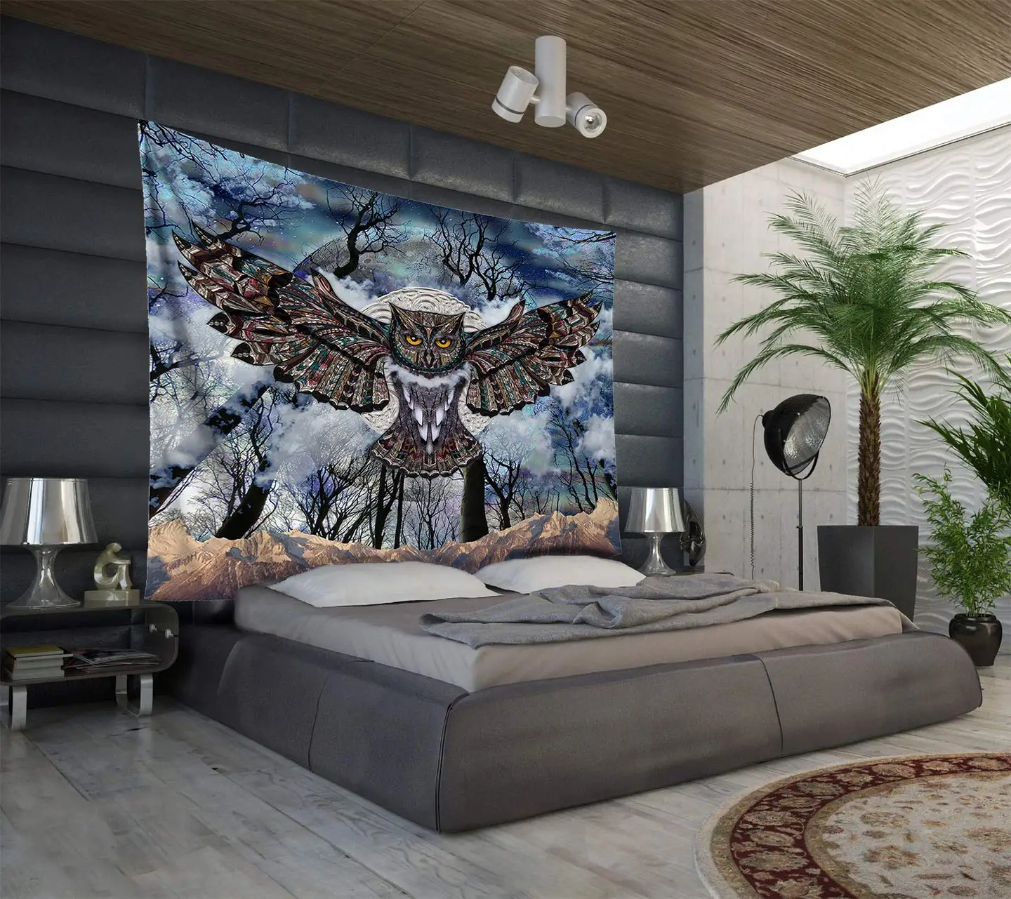 Луна Сова синяя Мандала настенный гобелен Темный лес дизайн животное настенная