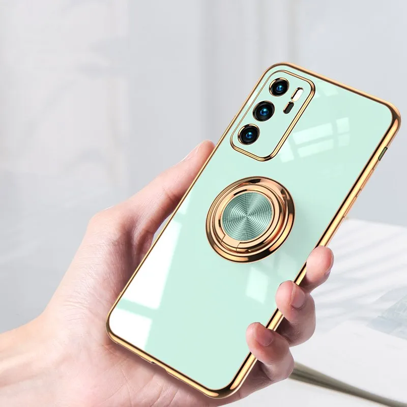 

Luxury Plating Silicone Case For Huawei P40 P30 P20 Pro Mate 20 30 40 Pro Honor 30 Nova 8 Pro Soft With Ring Holder Stand Cover