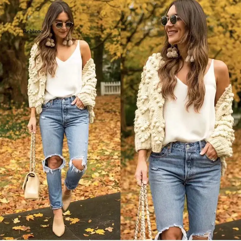 

Autumn Winter Women Casual Sweater Hairball Knitted Cardigan O-neck Long Sleeve Pink Cardigan Cute Sweaters